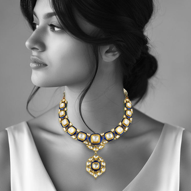 Polki Necklace with Blue Enamel and Central Polki Pendant